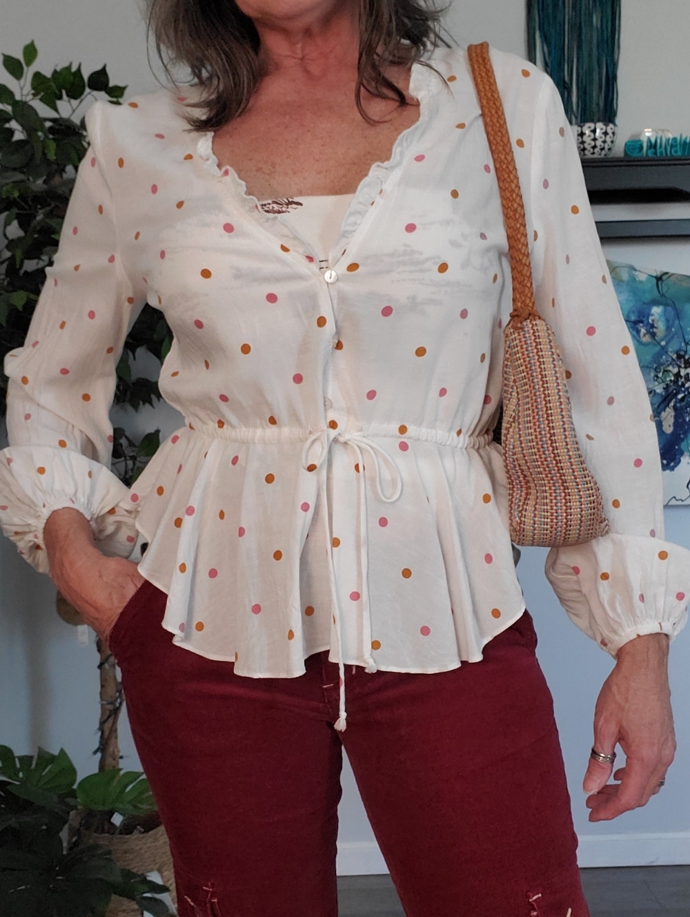 OLIVACEOUS Polka Dot Peplum Drawstring Linen Blend M